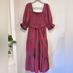 AURA Red Tartan Plaid Smocked Dress festive holiday maxi midi dress cottagecore